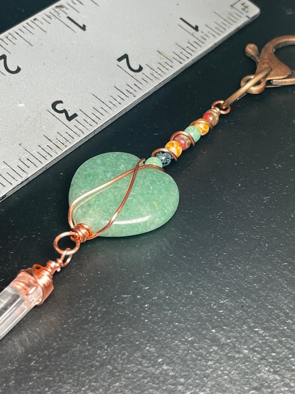 Handmade Aventurine Heart Keychain with Clear Quartz Point - Picture 9 of 10